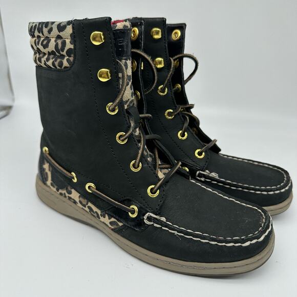 Sperry Hikerfish Leopard Print Black Leather High Top Boots Womens Size 7.5 - Picture 14 of 16